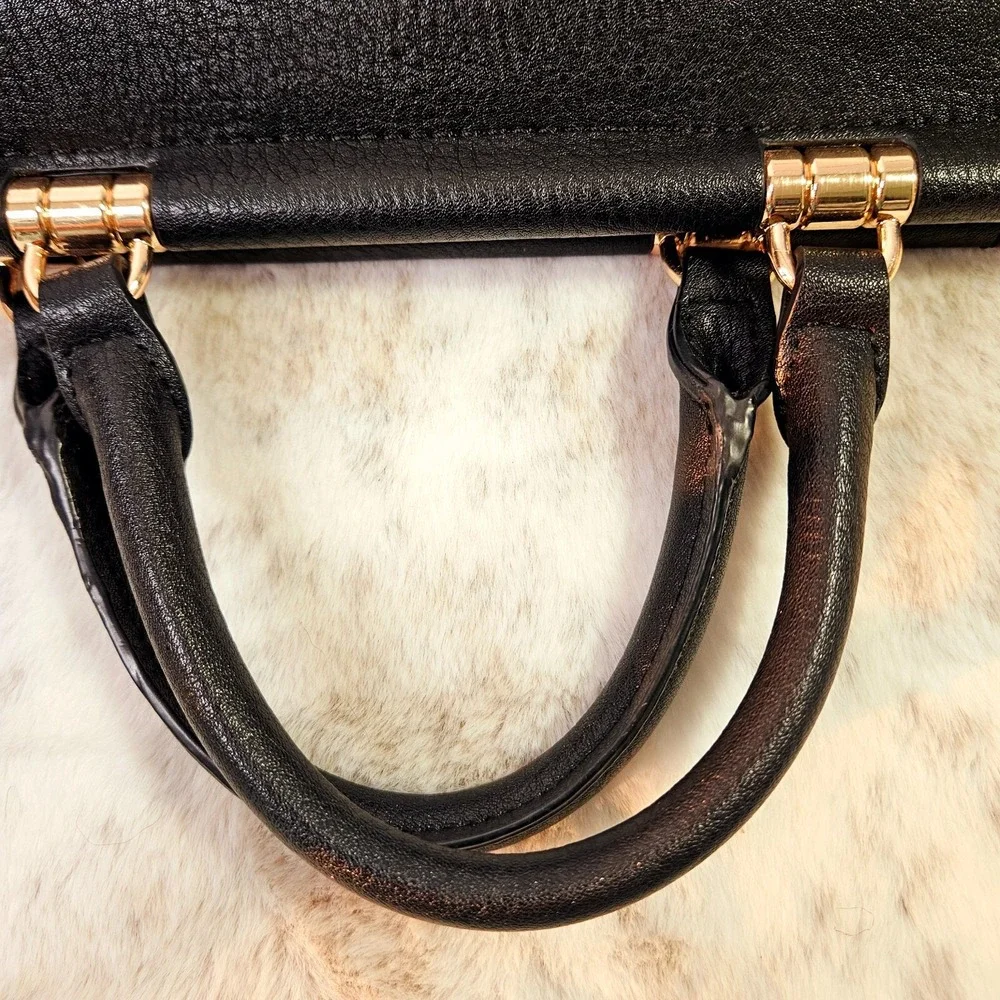 Lauren Conrad Black Faux Pebble‎ Leather & Suede Handbag Satchel Purse Rose Gold
